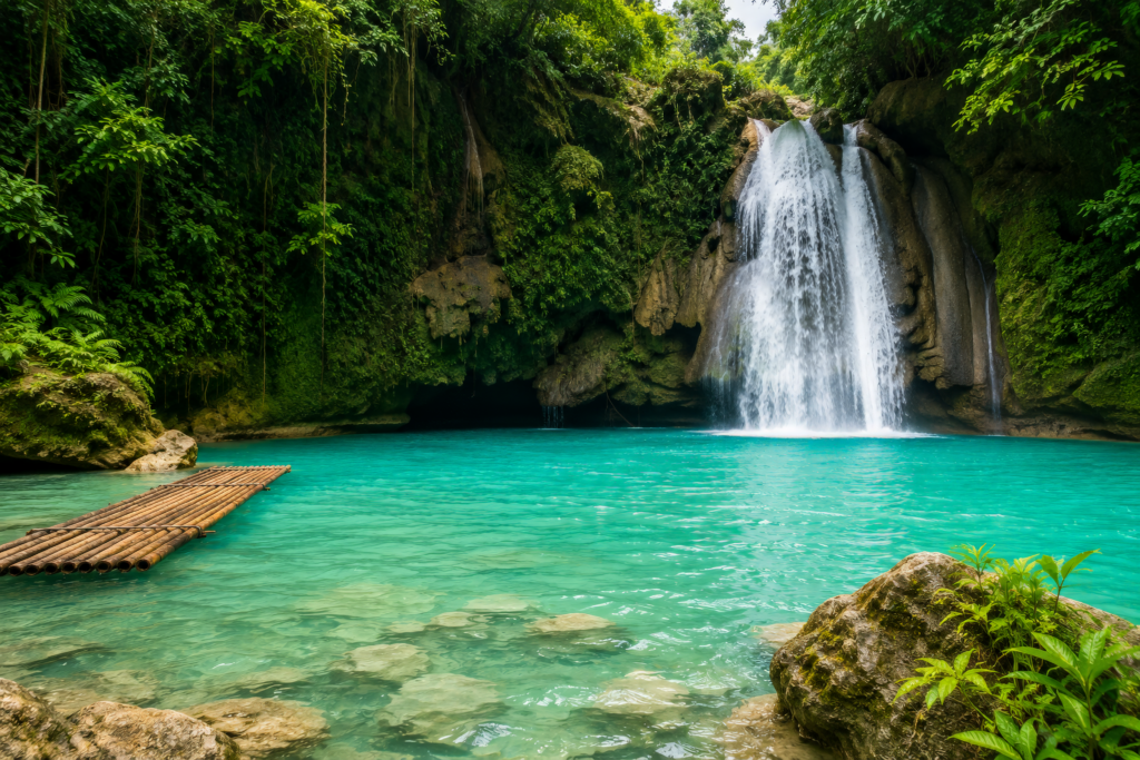 Turquoise waterfalls and natural pools at Kawasan Falls in Cebu, Philippines